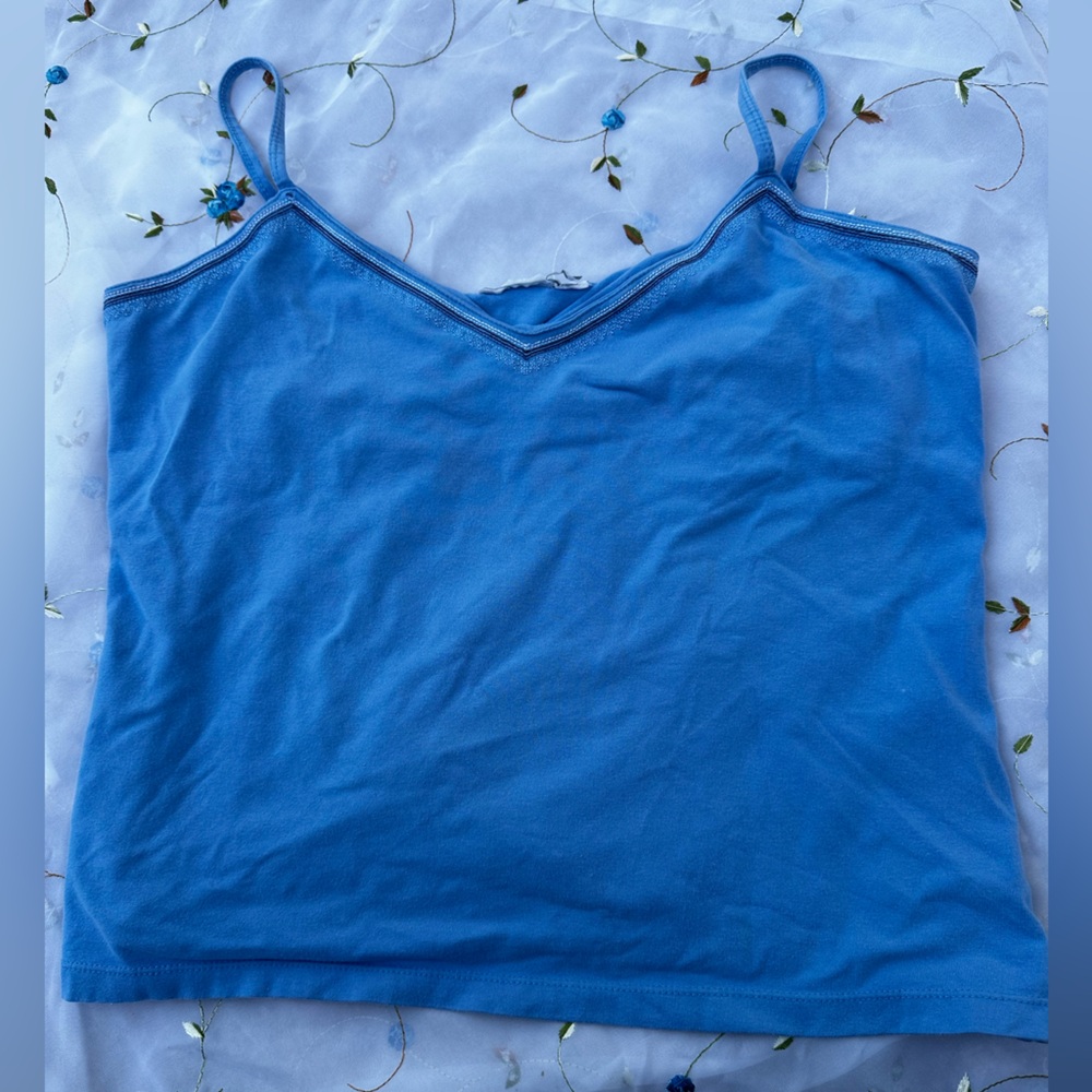 Blue V-Neck Tank Top with Embroidered Trim